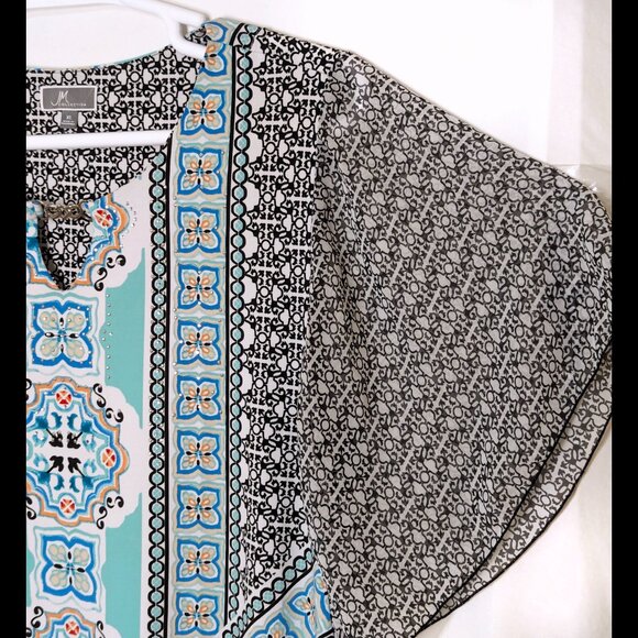 Fluttery JM COLLECTION XL Aqua, Turquoise & Black Batwing Sleeve Stretch Blouse - Picture 4 of 5